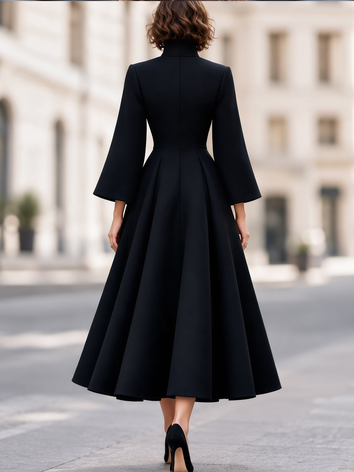 Noori Collections Black High Neck Gold Button Midi Dress