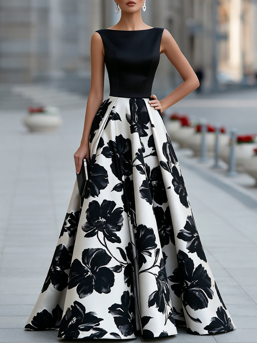 Noori Collections Black Boat Neck Floral Full Skirt Maxi Dress