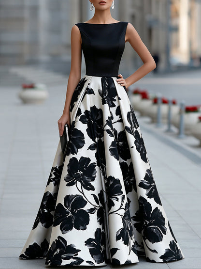 Noori Collections Black Boat Neck Floral Full Skirt Maxi Dress