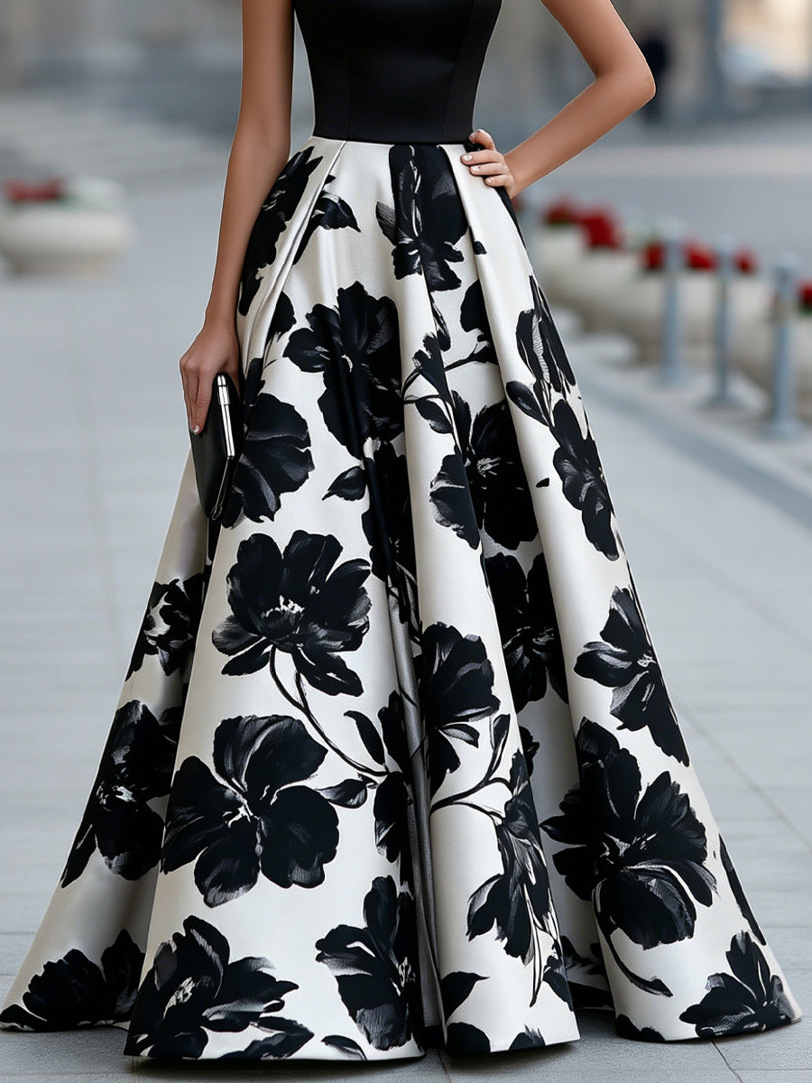 Noori Collections Black Boat Neck Floral Full Skirt Maxi Dress
