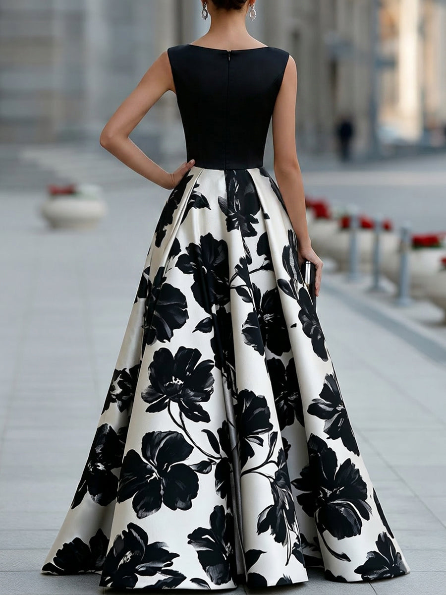 Noori Collections Black Boat Neck Floral Full Skirt Maxi Dress