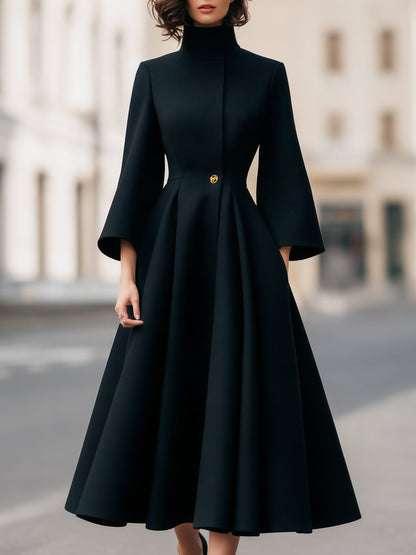 Noori Collections Black High Neck Gold Button Midi Dress