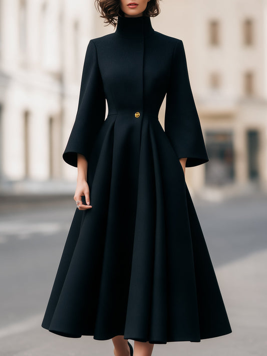 Noori Collections Black High Neck Gold Button Midi Dress