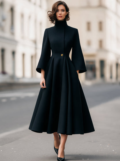Noori Collections Black High Neck Gold Button Midi Dress