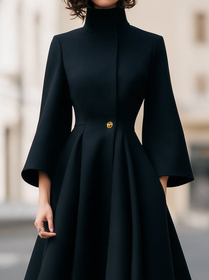 Noori Collections Black High Neck Gold Button Midi Dress