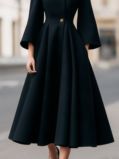 Noori Collections Black High Neck Gold Button Midi Dress