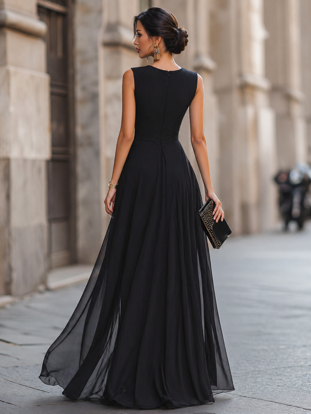 Noori Collections Black High-Slit Layered Maxi Evening Dress