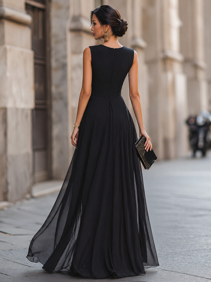 Noori Collections Black High-Slit Layered Maxi Evening Dress