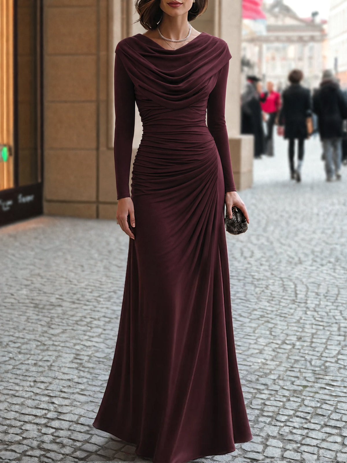 Noori Collections Burgundy Draped Cowl Neck Ruched Maxi Dress
