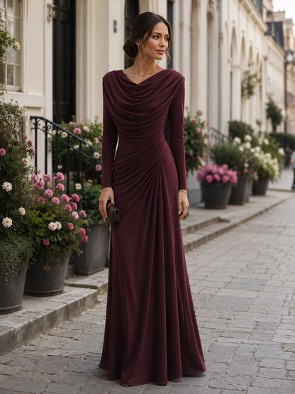 Noori Collections Burgundy Draped Cowl Neck Ruched Maxi Dress