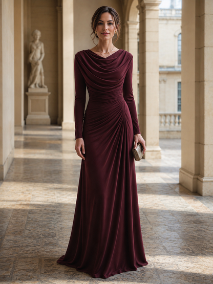 Noori Collections Burgundy Draped Cowl Neck Ruched Maxi Dress