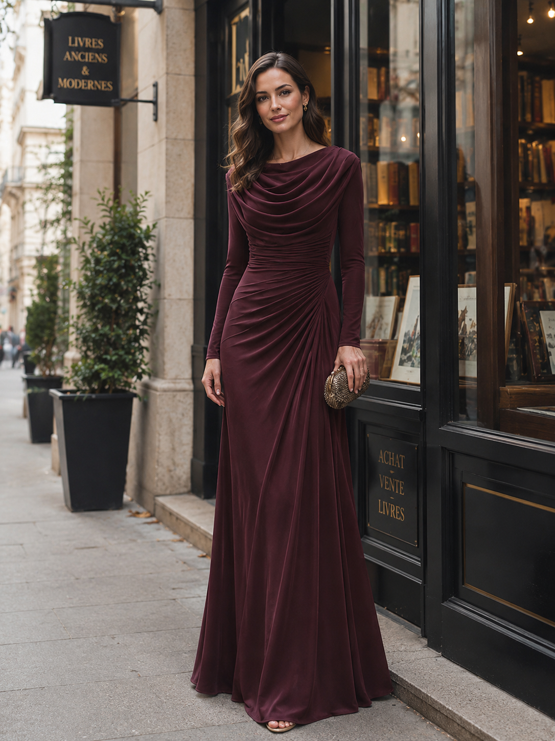 Noori Collections Burgundy Draped Cowl Neck Ruched Maxi Dress