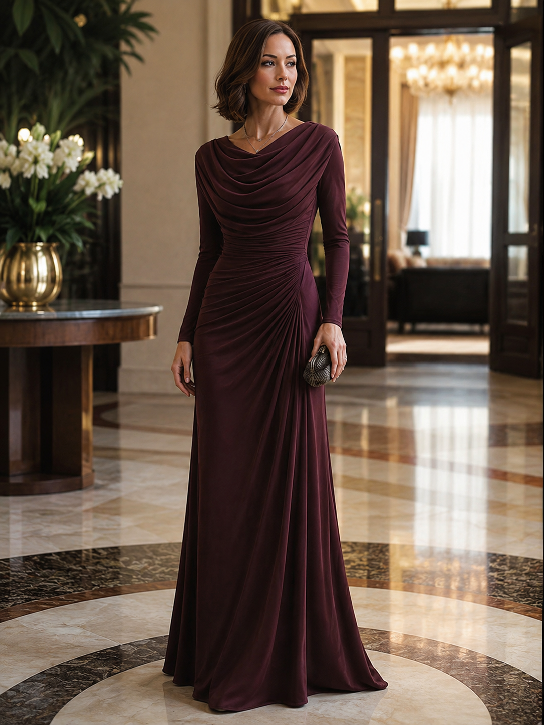 Noori Collections Burgundy Draped Cowl Neck Ruched Maxi Dress