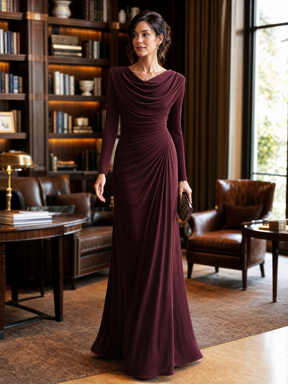 Noori Collections Burgundy Draped Cowl Neck Ruched Maxi Dress
