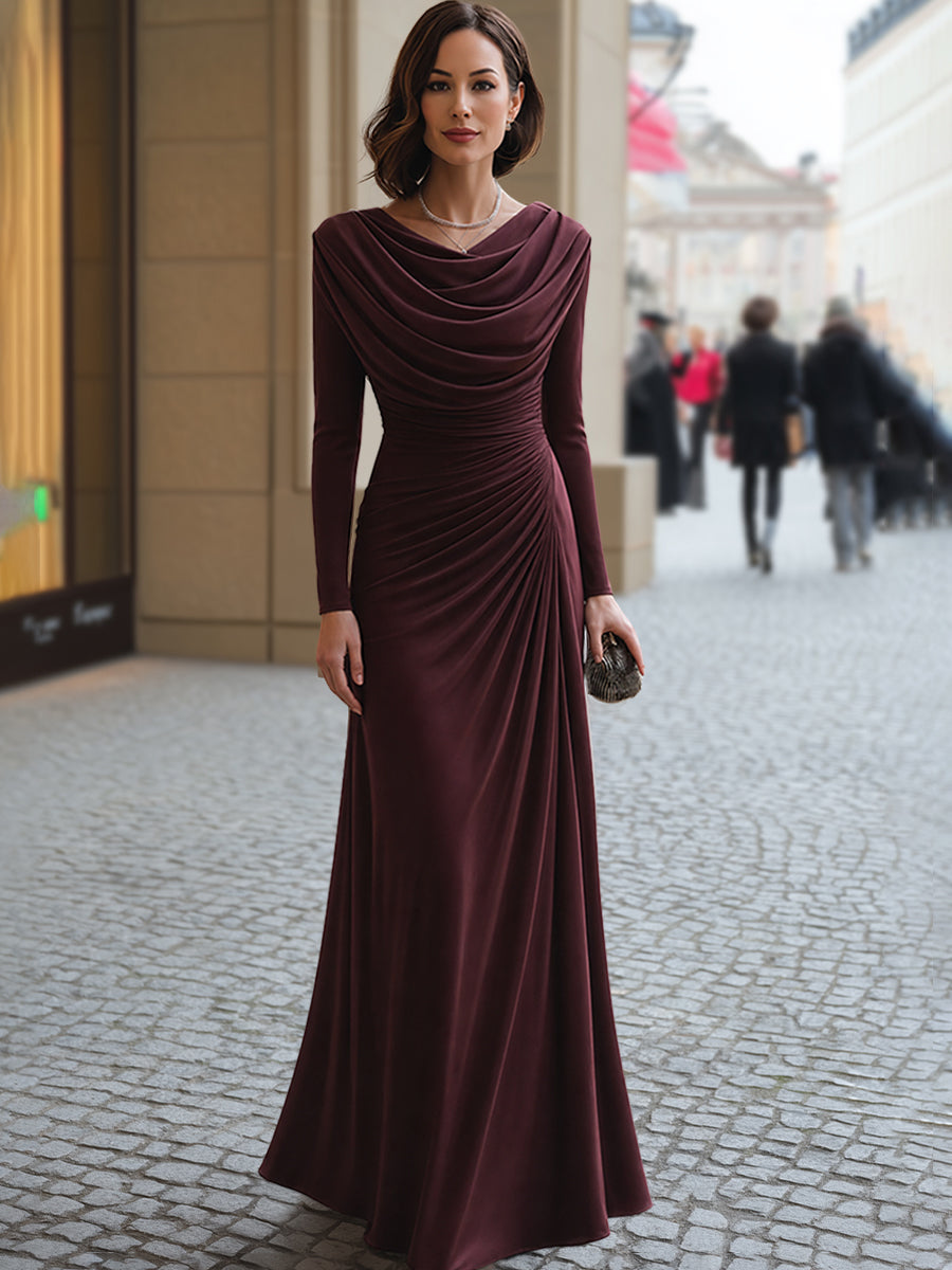 Noori Collections Burgundy Draped Cowl Neck Ruched Maxi Dress