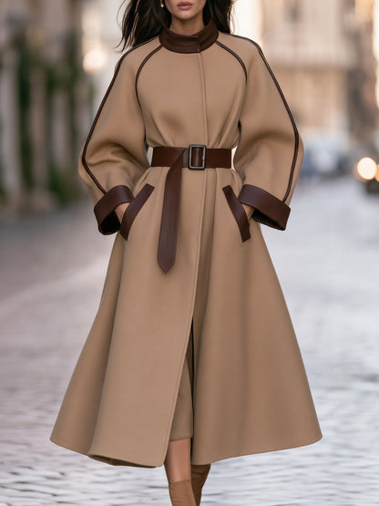 Noori Collections Camel Leather Trim Belted Wool Coat