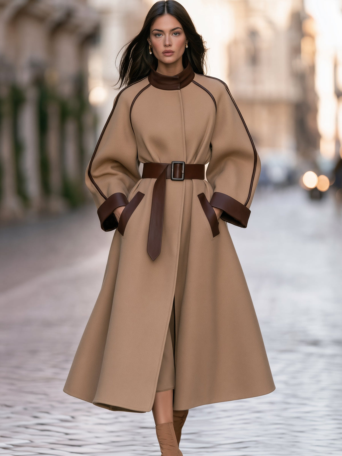 Noori Collections Camel Leather Trim Belted Wool Coat