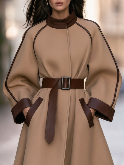 Noori Collections Camel Leather Trim Belted Wool Coat
