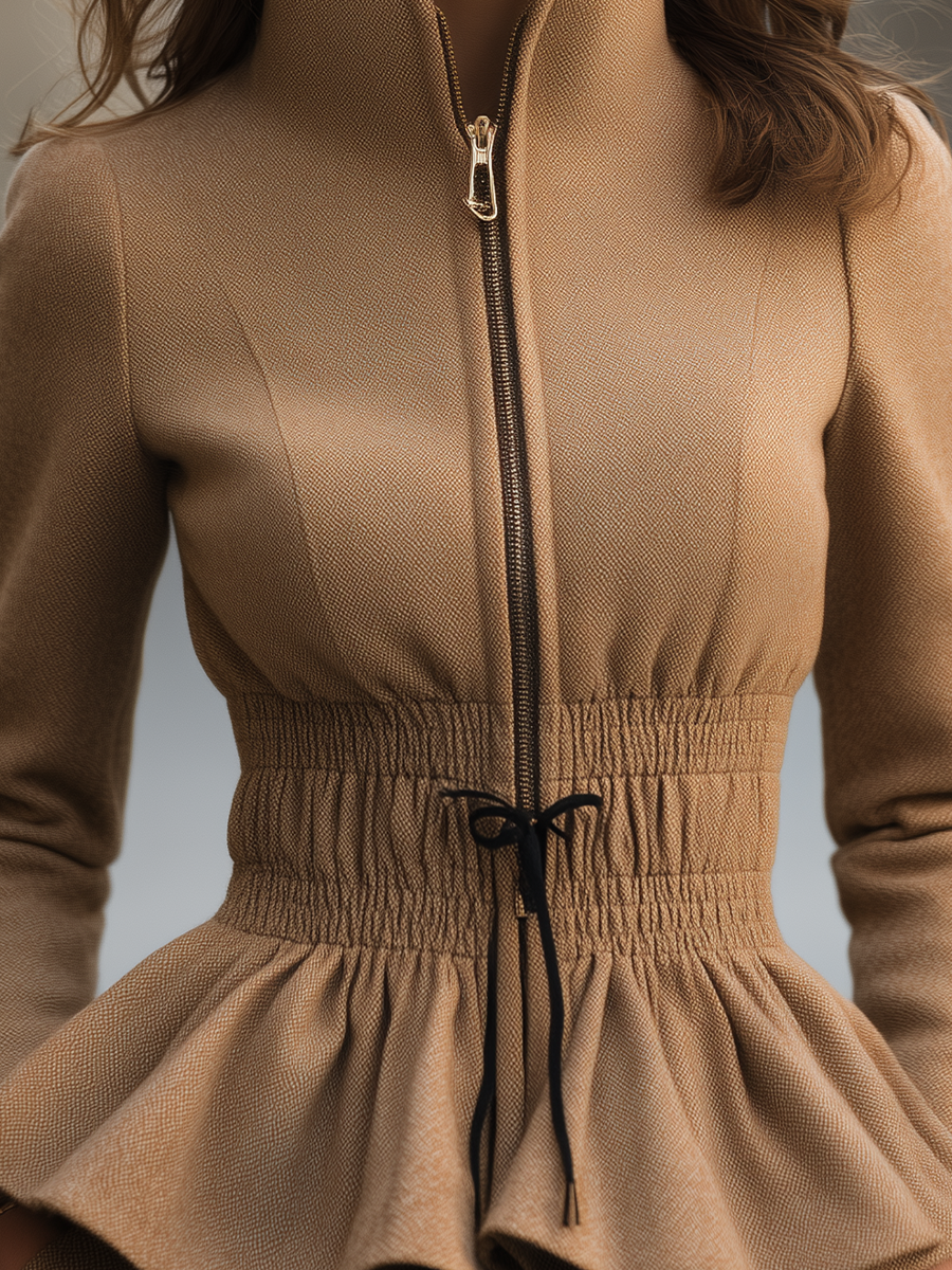 Noori Collections Camel Stand Collar Zip Peplum Jacket