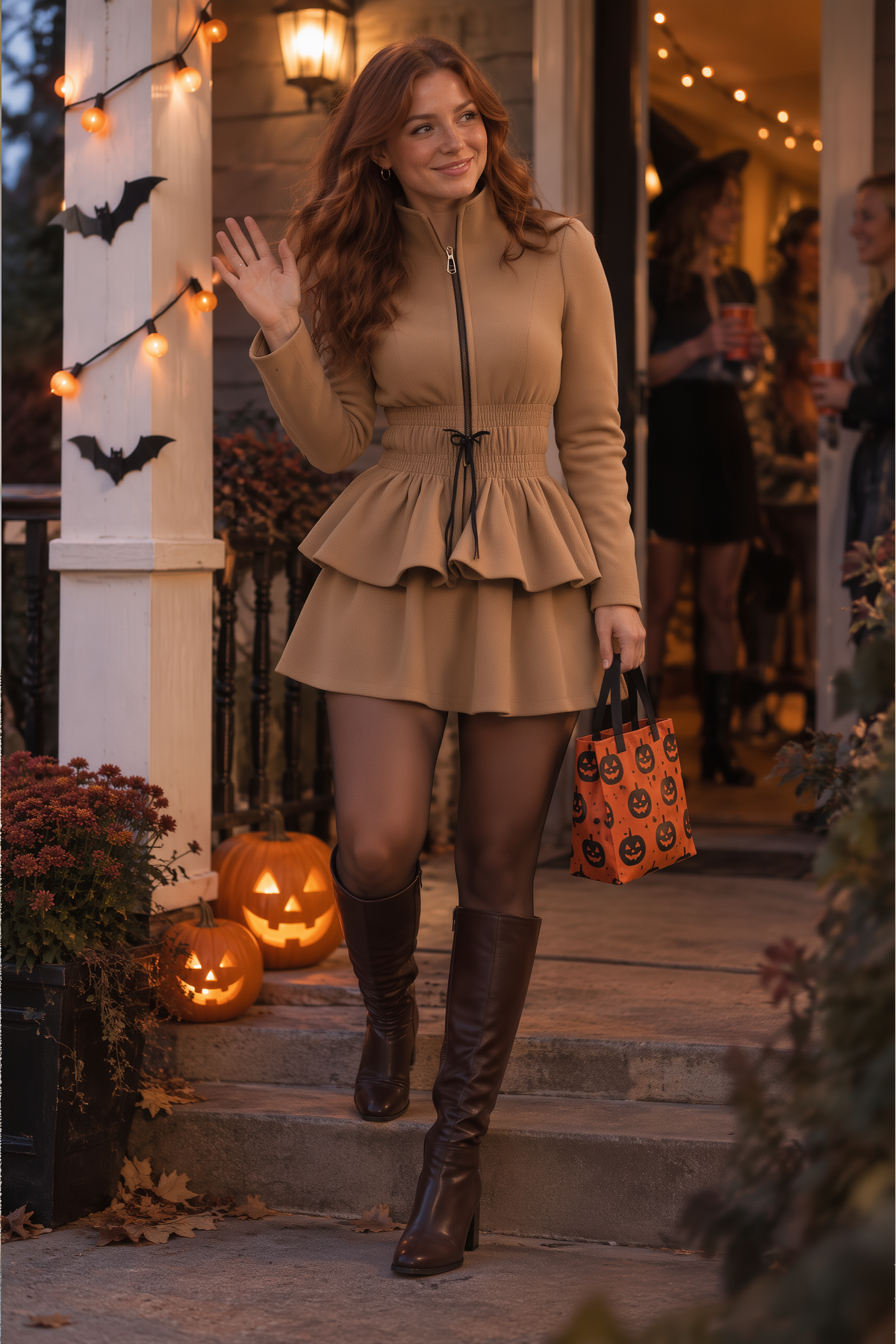 Noori Collections Camel Stand Collar Zip Peplum Jacket