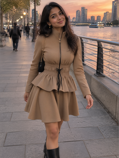 Noori Collections Camel Stand Collar Zip Peplum Jacket