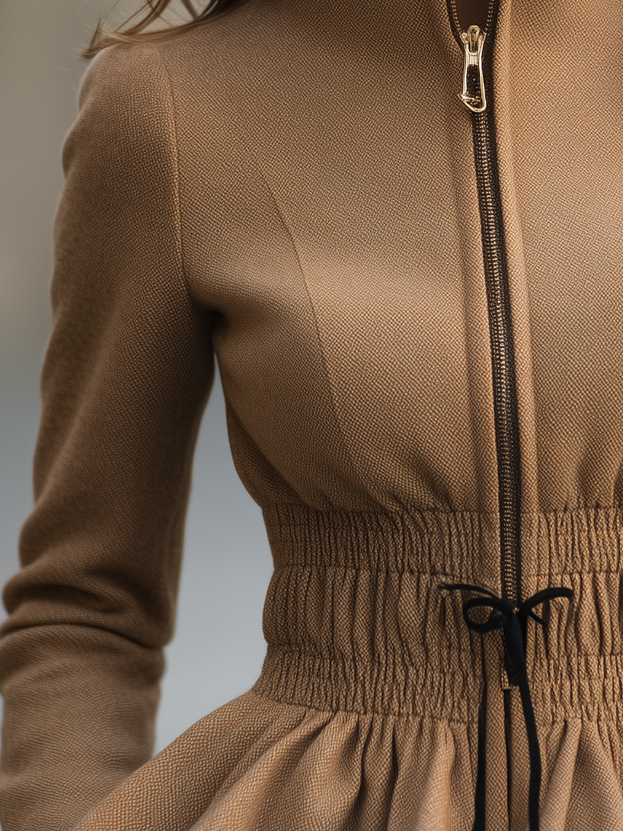 Noori Collections Camel Stand Collar Zip Peplum Jacket