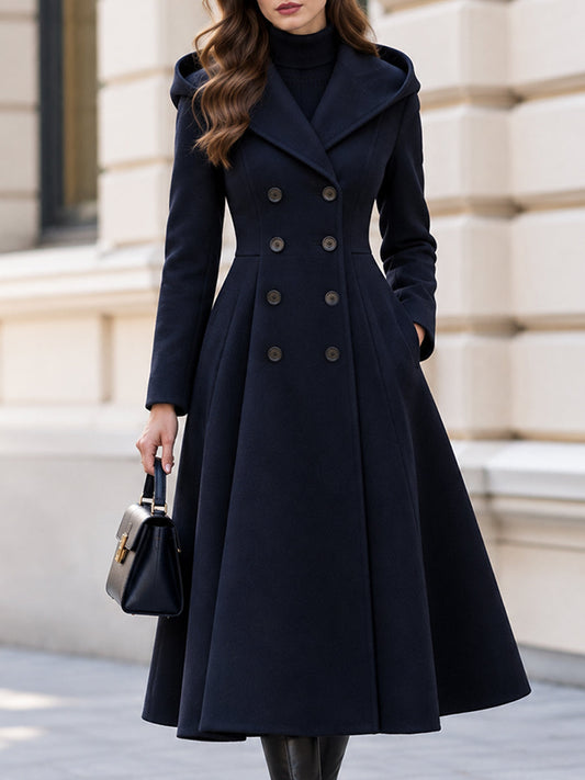 Noori Collections Dark Blue Hooded Double-Breasted Flared Coat