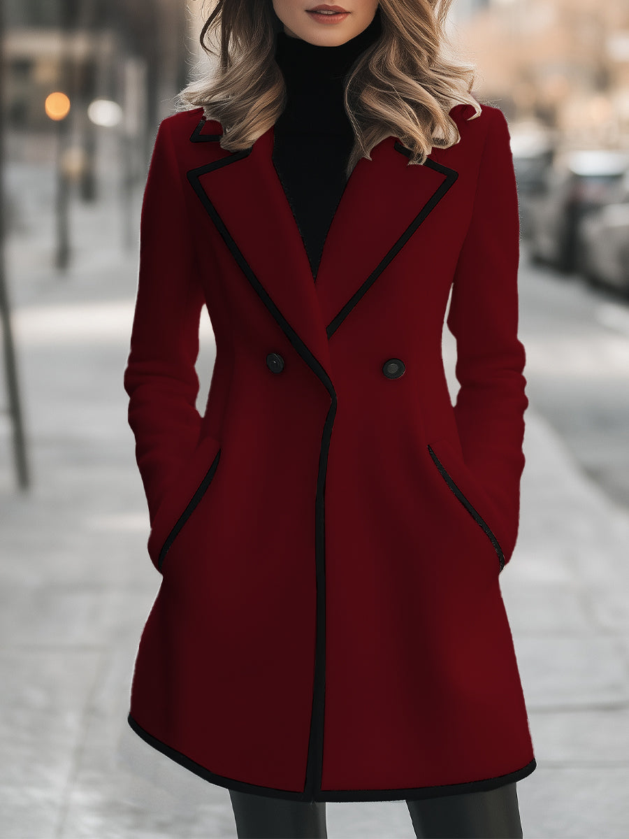 Noori Collections Double-Breasted Contrast Trim Coat