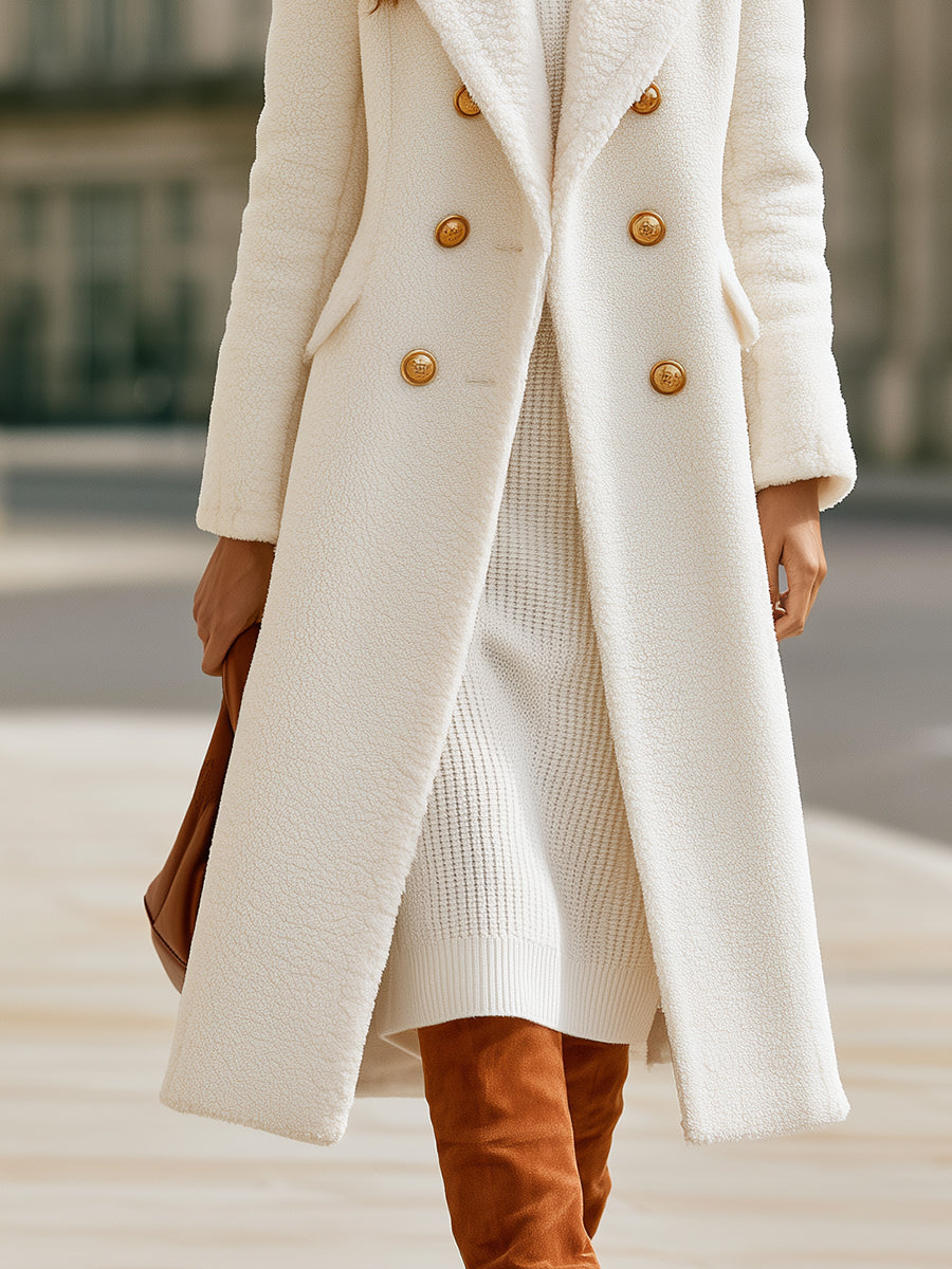 Noori Collections Ivory Double-Breasted Teddy Long Coat