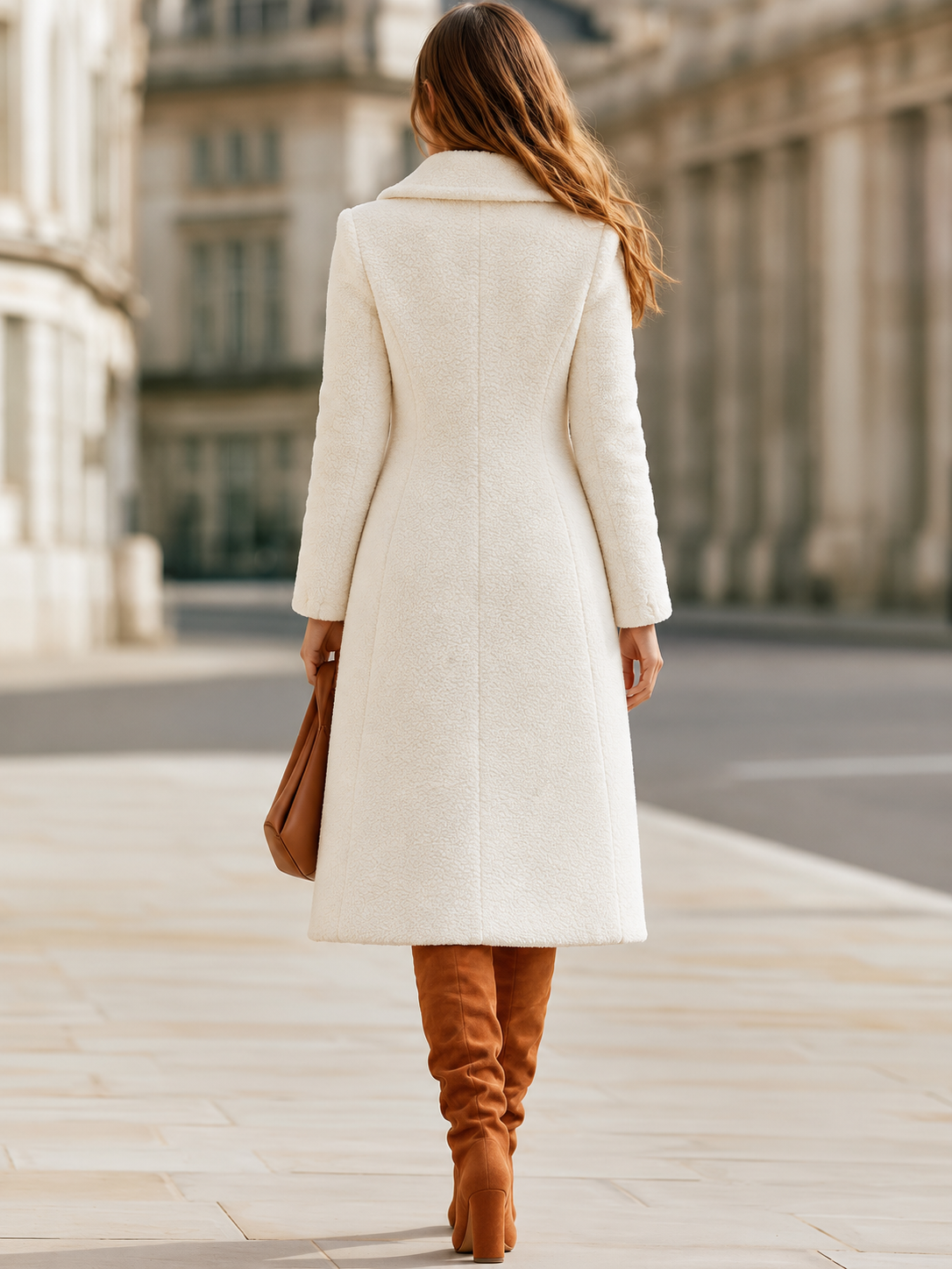 Noori Collections Ivory Double-Breasted Teddy Long Coat