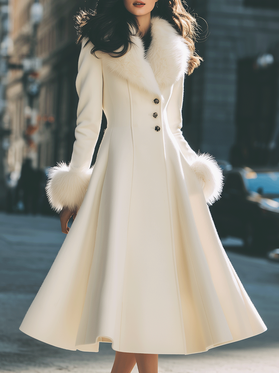 Noori Collections Ivory Faux Fur Collar Flared Coat