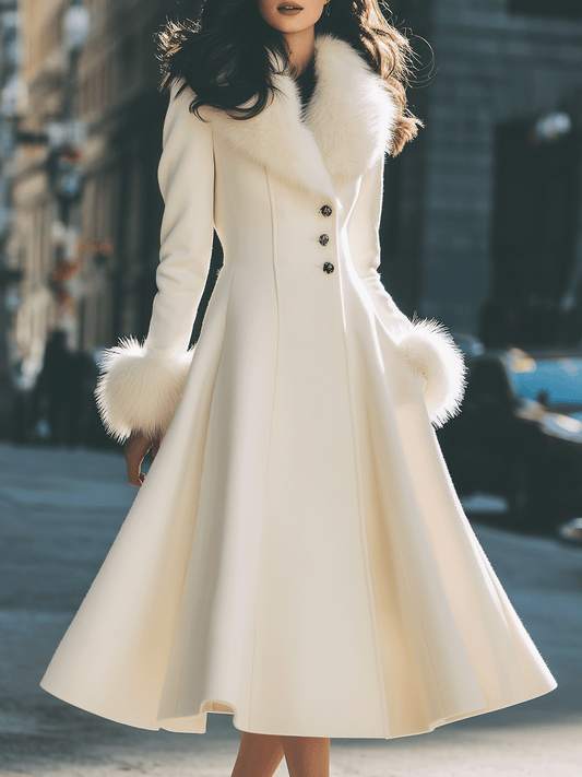 Noori Collections Ivory Faux Fur Collar Flared Coat