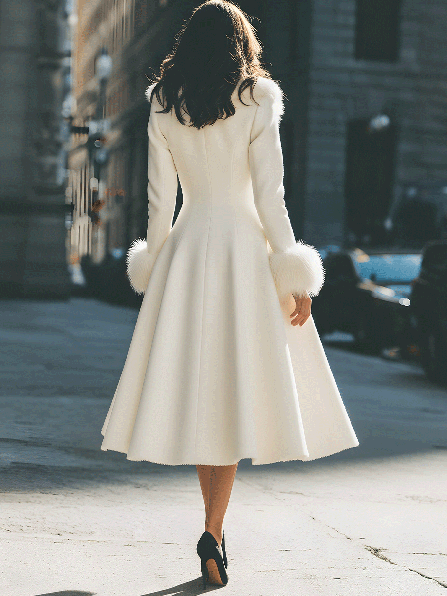 Noori Collections Ivory Faux Fur Collar Flared Coat