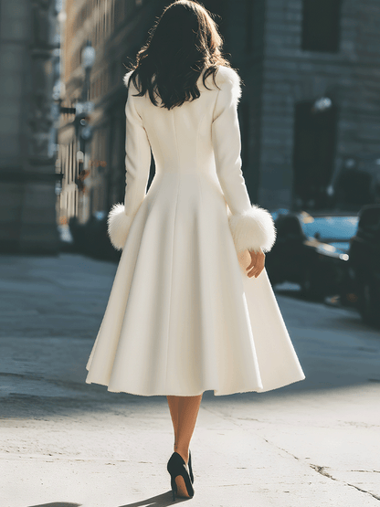 Noori Collections Ivory Faux Fur Collar Flared Coat