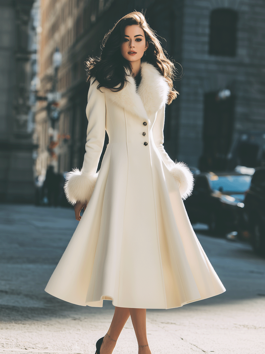 Noori Collections Ivory Faux Fur Collar Flared Coat