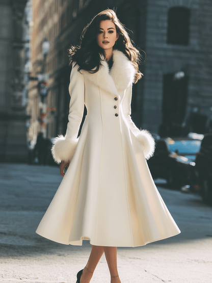 Noori Collections Ivory Faux Fur Collar Flared Coat