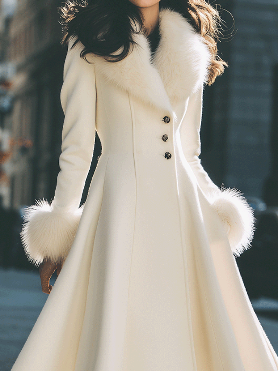 Noori Collections Ivory Faux Fur Collar Flared Coat