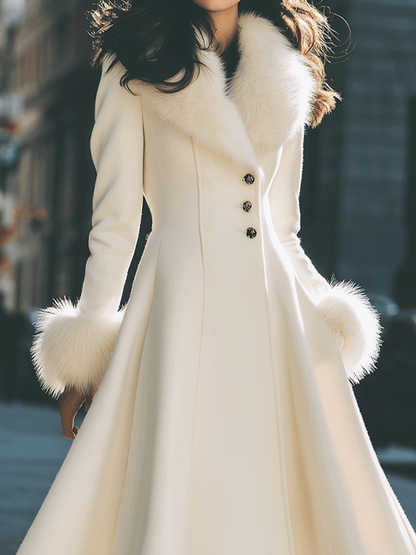 Noori Collections Ivory Faux Fur Collar Flared Coat