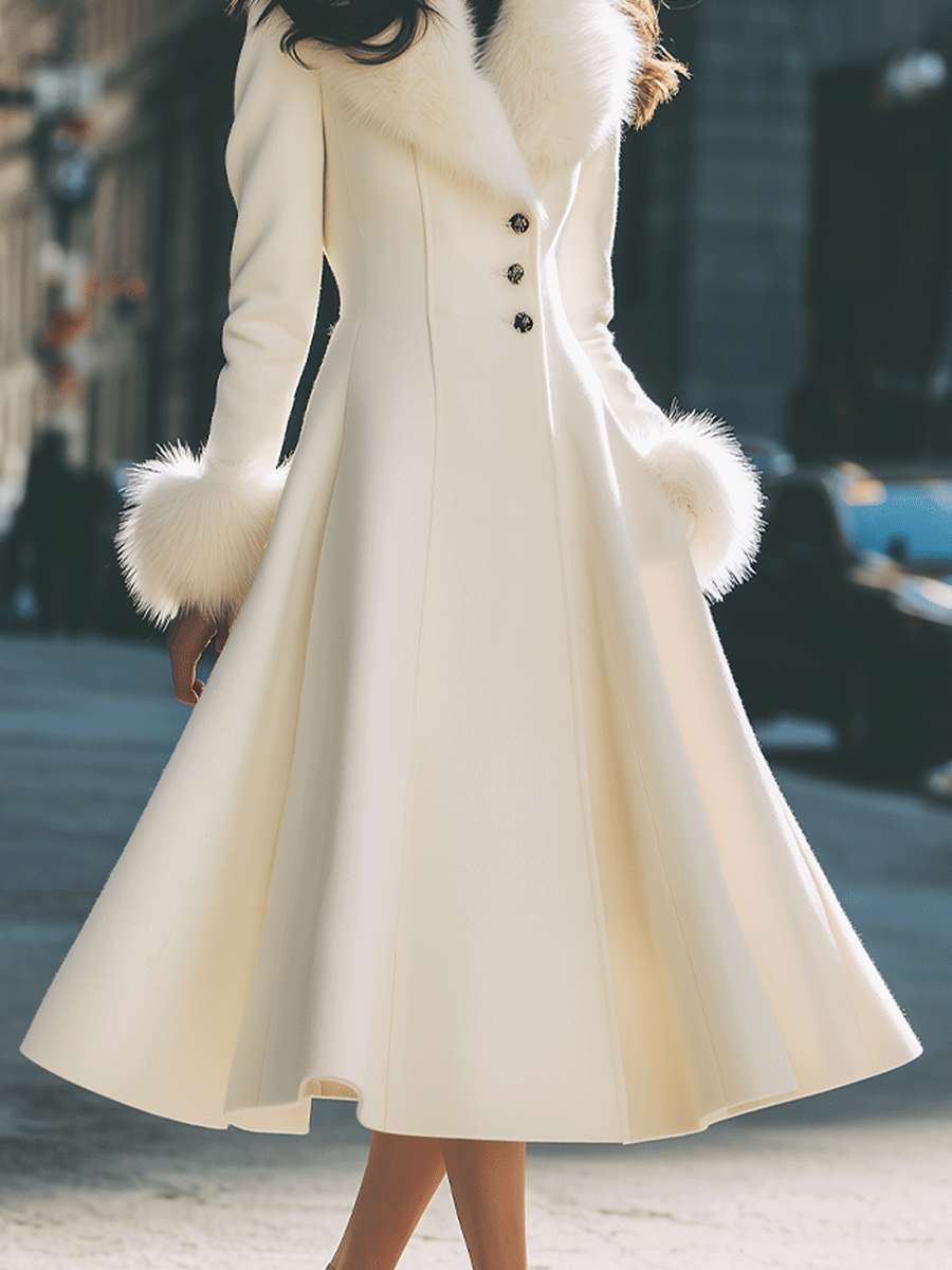 Noori Collections Ivory Faux Fur Collar Flared Coat