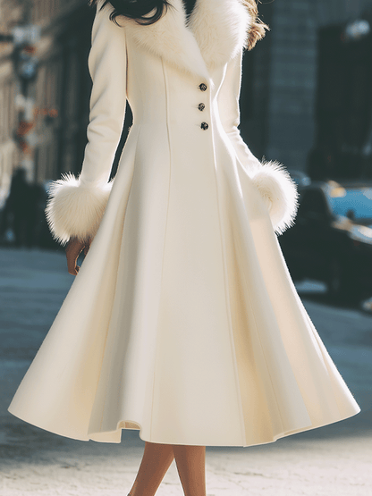 Noori Collections Ivory Faux Fur Collar Flared Coat