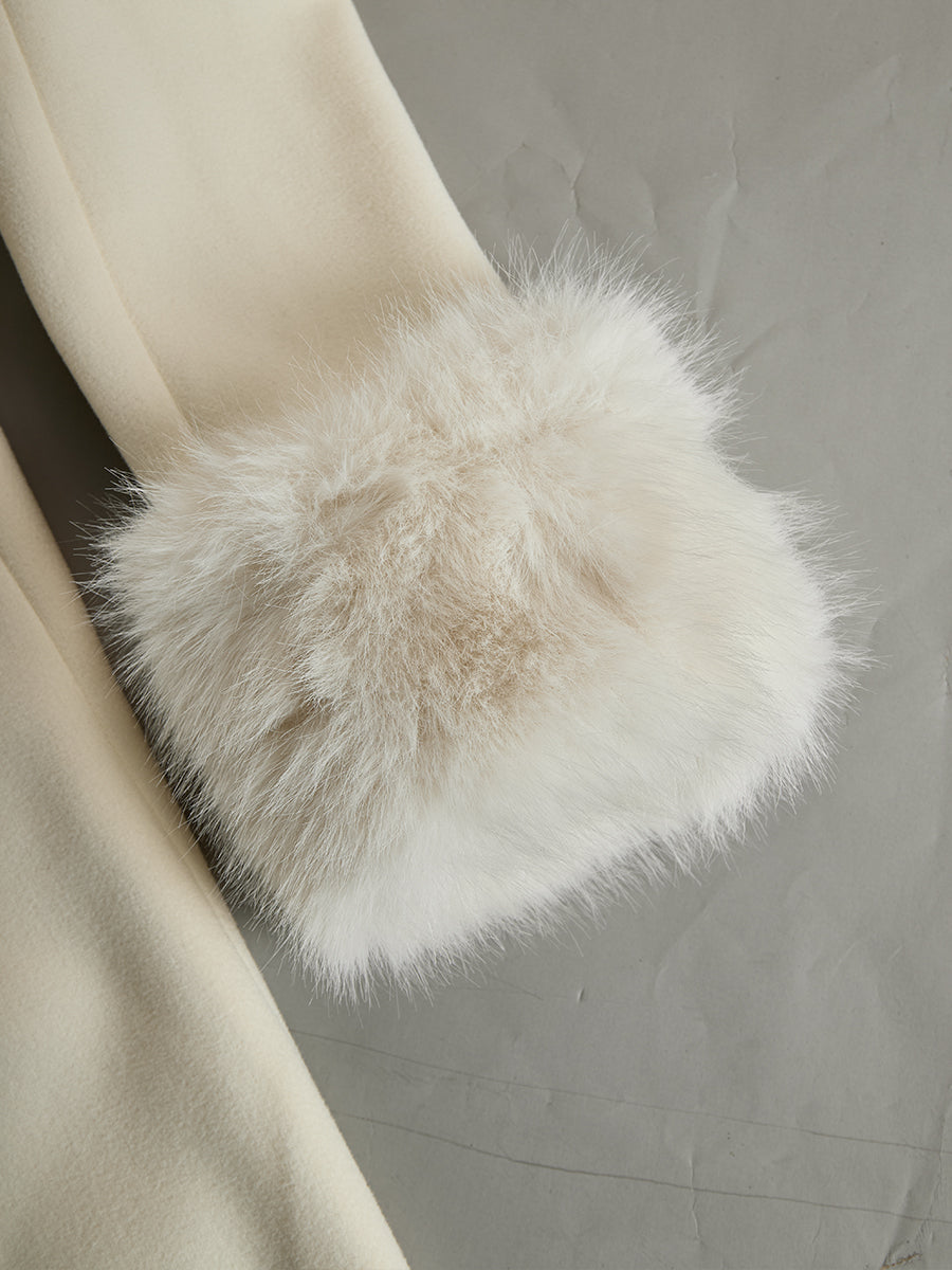 Noori Collections Ivory Faux Fur Collar Flared Coat