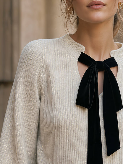 Noori Collections Ivory Velvet Bow Tie Ribbed Knit Sweater