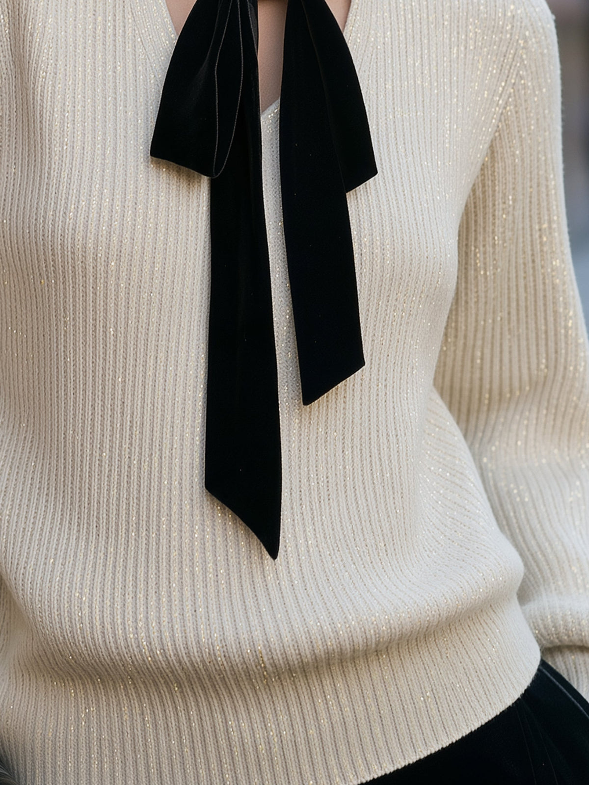 Noori Collections Ivory Velvet Bow Tie Ribbed Knit Sweater