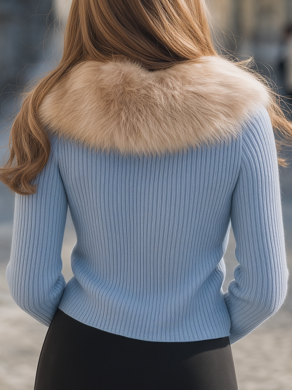 Noori Collections Light Blue Faux Fur Collar Zip Cardigan