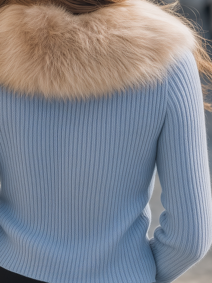 Noori Collections Light Blue Faux Fur Collar Zip Cardigan