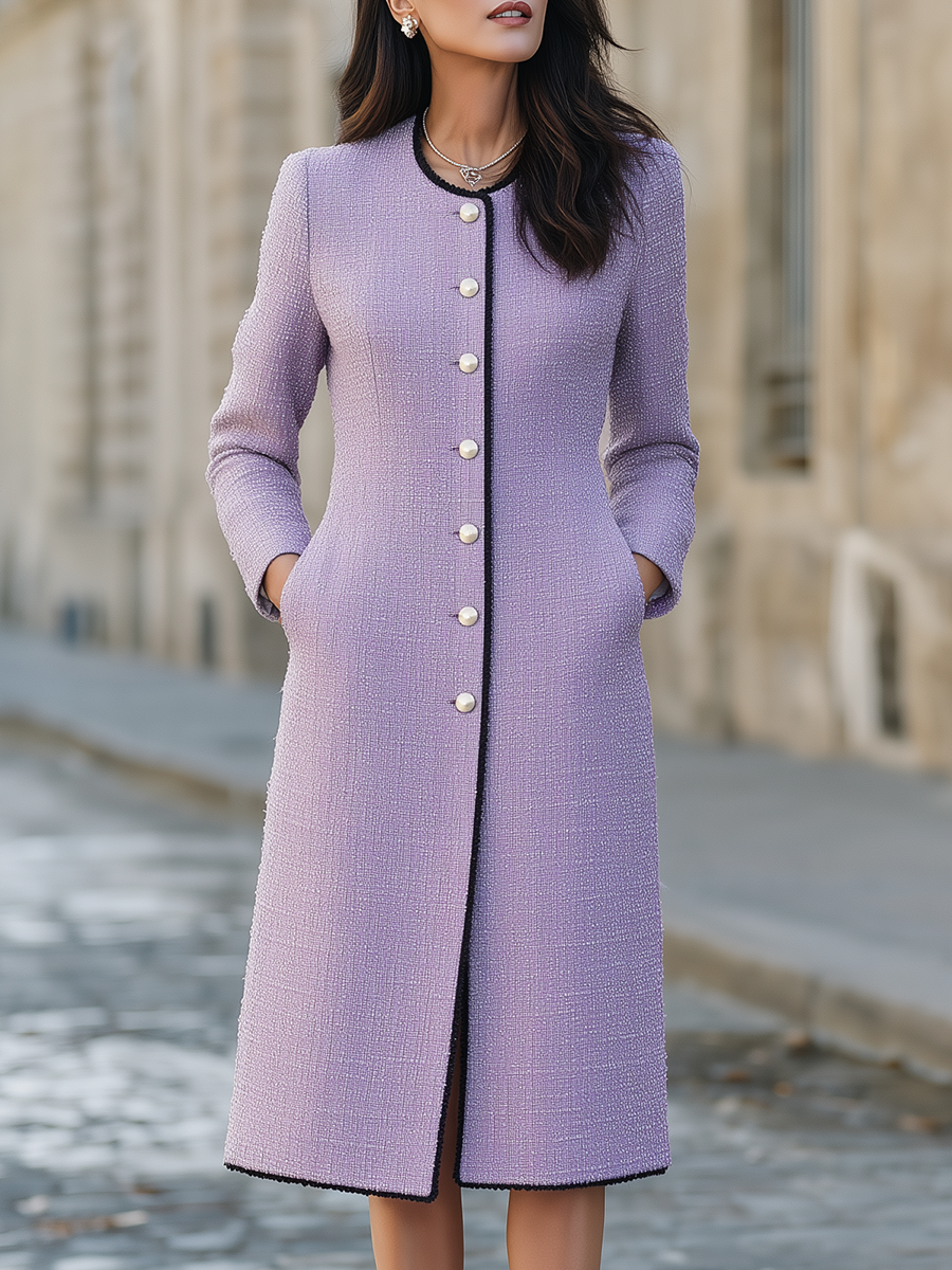 Noori Collections Lilac Pearl Button Tweed Midi Coat
