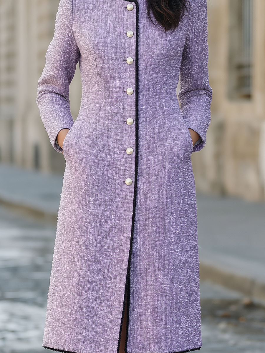 Noori Collections Lilac Pearl Button Tweed Midi Coat