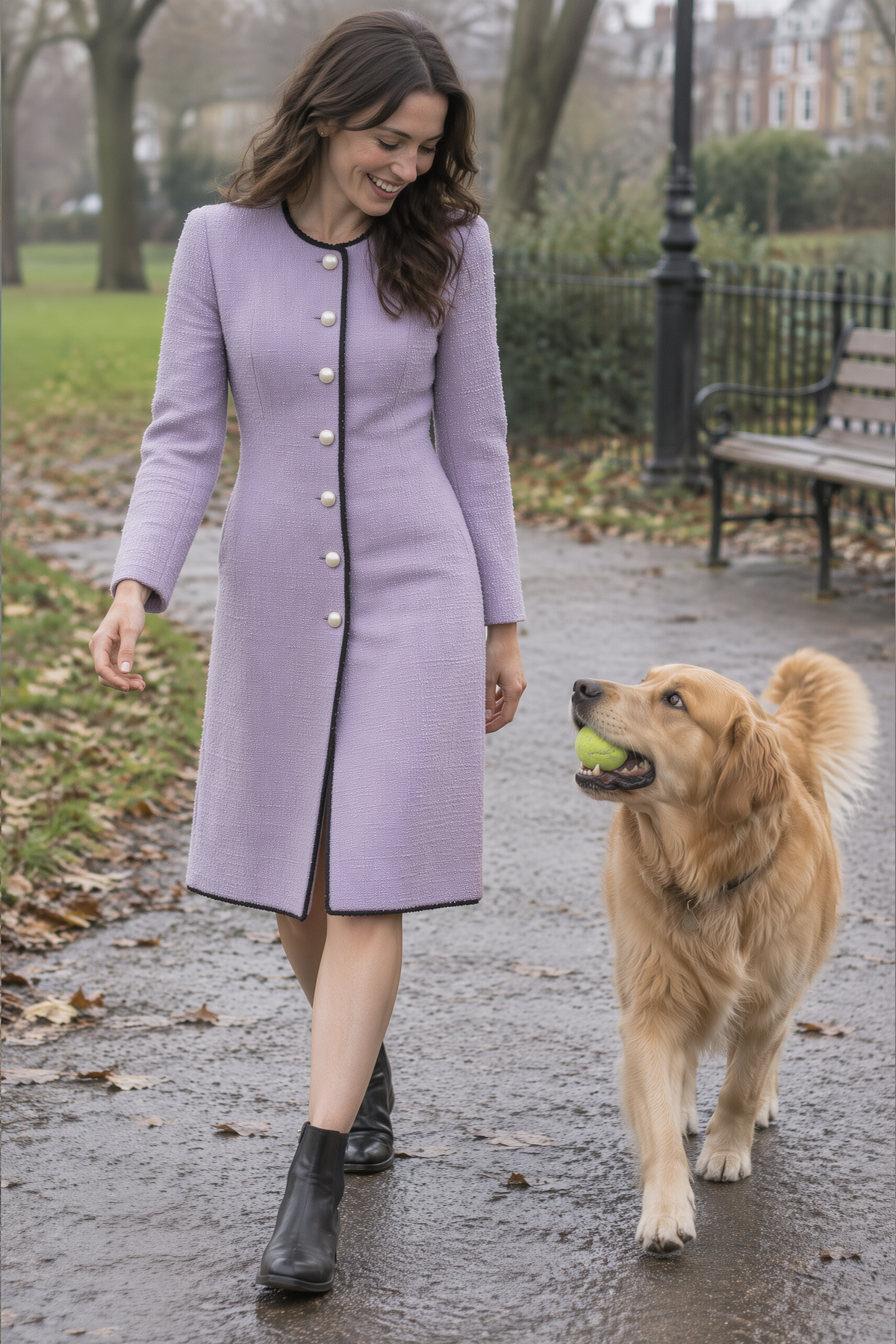 Noori Collections Lilac Pearl Button Tweed Midi Coat