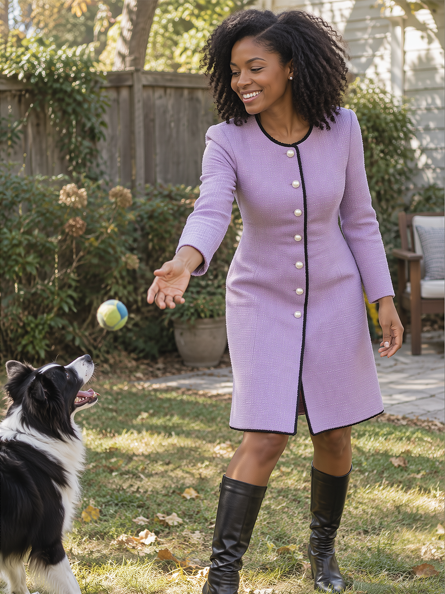 Noori Collections Lilac Pearl Button Tweed Midi Coat