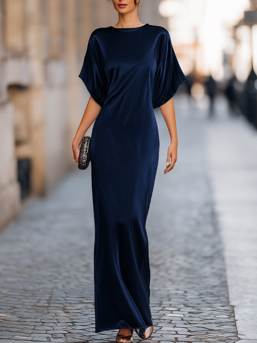 Noori Collections Navy Blue Batwing Sleeve Column Maxi Dress